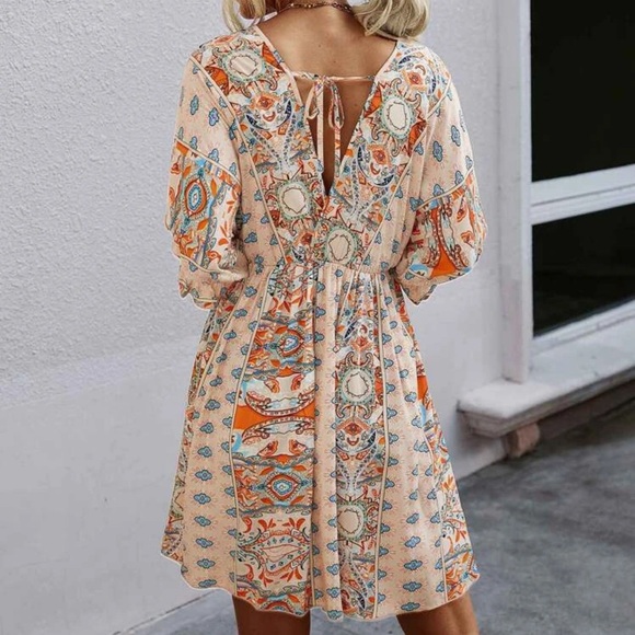 Paisley boho gypsy print dress 3/4 sleeve v neck - Picture 10 of 10